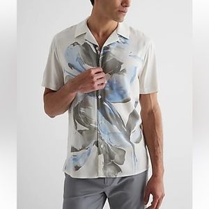 NWT Express watercolor man shirt button down short sleeves ivory blue floral s L